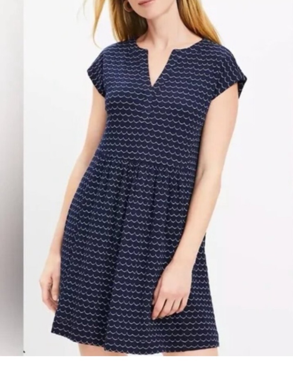 LOFT Navy Wave-Print Cap Sleeve Mini Dress